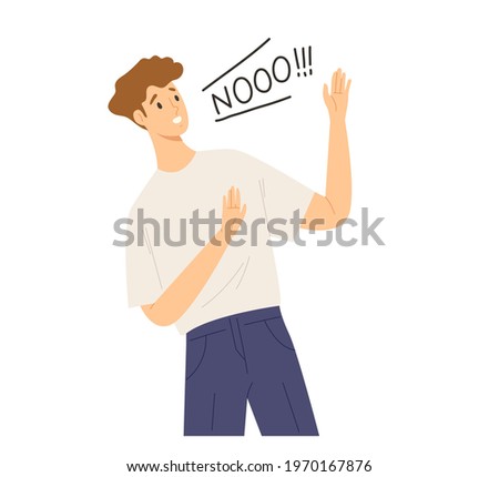 Young man say no with refused or rejected gesture. Concept of denial, rejection, refusal, not okay. Flat vector illustration cartoon character.