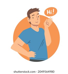 Young Man Saying Hello and Showing Hand Greeting Gesture Vector Illustration
