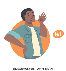Joven diciendo hola y dando la bienvenida a la ilustración del vector de gestos