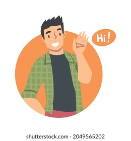 Young Man Saying Hello and Showing Hand Greeting Gesture Vector Illustration