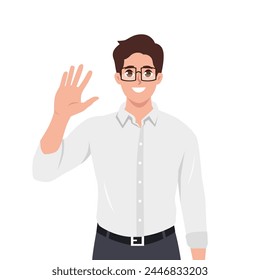 Young man saying hello and waving with hand. Hi or bye gesture. Flat vector illustration isolated on white background