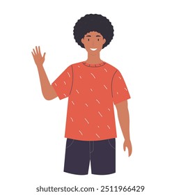 Young man saying hello and waving. Flat design. Vector illustration. Isolated on white background	