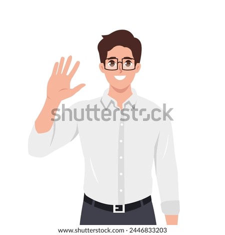 Young man saying hello and waving with hand. Hi or bye gesture. Flat vector illustration isolated on white background