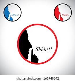 young man saying shh & gesturing using his forefinger - concept vector. This graphic contains a young male person raising his hand  indicating to stop talking, making noise & to be silent