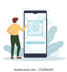 Joven escanea el código QR. Humano cerca del teléfono grande. Ilustración para web