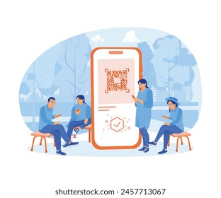 Ein junger Mann scannt einen QR-Code auf einem Mobiltelefon. Online einkaufen und online bezahlen. Online-Zahlungskonzept. Flache Vektorillustration.