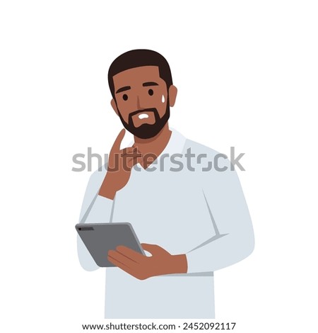 Young man Scared talk on cellphone feel anxiety with communication. Flat vector illustration isolated on white background