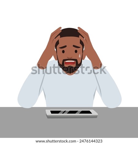 Young man Scared talk on cellphone feel anxiety with communication. Flat vector illustration isolated on white background