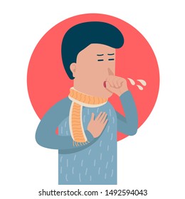 young man with scarf coughing, symptom of influenza, health problem, illness, sickness, virus infection. flat cartoon vector illustration