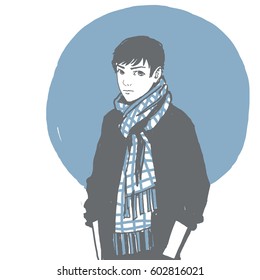 Young man in a scarf. Fashion illustration. Vector hand-drawn sketch