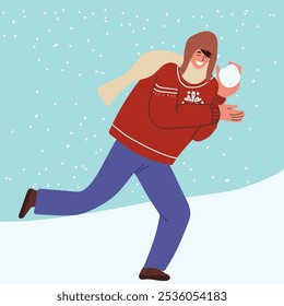 Joven con una bufanda y una bola de nieve en la mano. Invierno. Niño jugando bolas de nieve en estilo dibujado a mano. Ilustración vectorial plana aislada sobre fondo blanco.