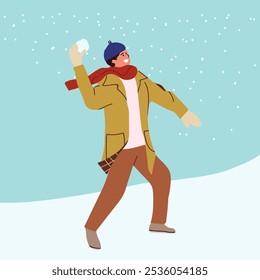 Joven con una bufanda y una bola de nieve en la mano. Invierno. Niño jugando bolas de nieve en estilo dibujado a mano. Ilustración vectorial plana aislada sobre fondo blanco.