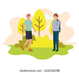 young man with school bag and young man practicing skating in the park