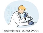 Young man scientist in white medical uniform look at sample in microscope in lab. Male researcher examine specimen in laboratory. Medicine and biotechnology. Vector illustration.
