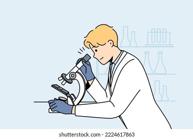 Young man scientist in white medical uniform look at sample in microscope in lab. Male researcher examine specimen in laboratory. Medicine and biotechnology. Vector illustration. 