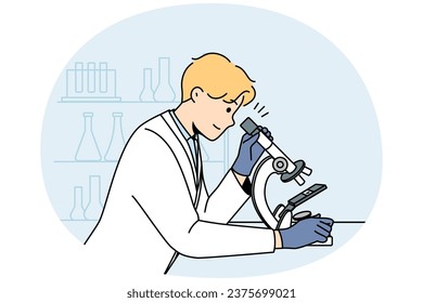 Young man scientist in white medical uniform look at sample in microscope in lab. Male researcher examine specimen in laboratory. Medicine and biotechnology. Vector illustration.