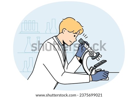 Young man scientist in white medical uniform look at sample in microscope in lab. Male researcher examine specimen in laboratory. Medicine and biotechnology. Vector illustration.