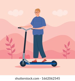 young man in scooter avatar characters vector illustration design