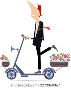 Young man, scooter and bouquets of flowers. 
Smiling young man rides on scooter with bunches of flowers in the baskets. Isolated on white background
