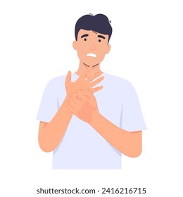 Young man scratches the skin on his hand, suffering from itching. Skin disease with a rash all over the arms with red spots similar to allergies, psoriasis, eczema, or monkey pox. Flat vector 