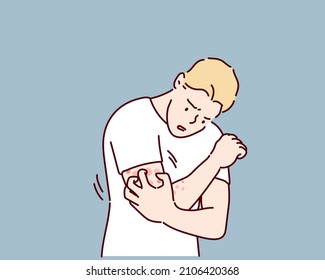 Young man scratching arm. Guy suffering from strong allergy skin itchy symptom in flat design. Red rash skin irritation. Hand drawn style vector design illustrations.