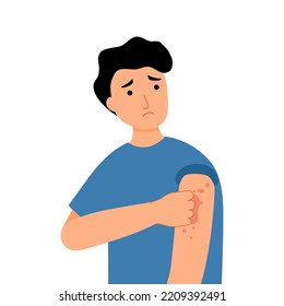 Young man scratching arm. Guy suffering from strong allergy skin itchy symptom in flat design. Red rash skin irritation.