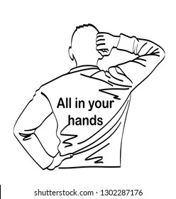 Young man scratching his head anxiously. All in your hands. Line drawing. Vector illustration.
