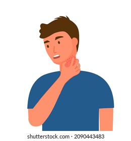 Young man scratching his neck. Guy suffering from strong allergy skin itchy symptom in flat design. Red rash skin irritation.