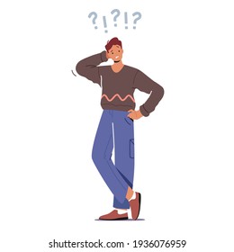 Young Man Scratching Occiput with Question and Exclamation Marks above Head Isolated on White Background. Male Character Thinking, Search Solution, Difficult Task, Idea. Cartoon Vector Illustration