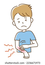 young man scratching redness rash on his itchy hand . dry skin, eczema,dermatitis, scabies, burns, scars, rash, insect bites and hives.  Healthy skin care concept
