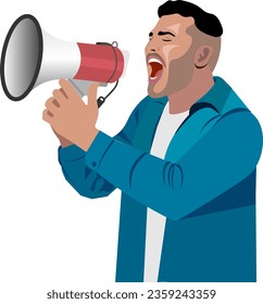 A young man screams into a loudspeaker The man's mouth is wide open  Figure to the waist close-up on a transparent background  Vetor