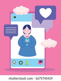 young man in screen smartphone talk bubbles love vector illustration