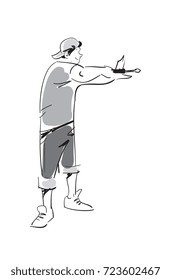 Young man with screwdriver isolated sketch. Home improvement, house repair, man doing renovation in apartment vector illustration.