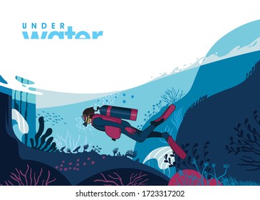 Young man scuba diver exploring coral reef, underwater activities