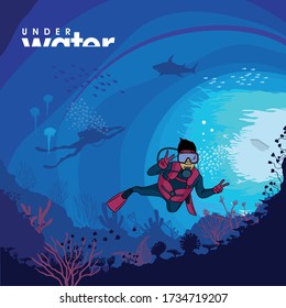 Young man scuba diver exploring coral reef, underwater activities