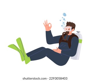 Young man scuba diver raising hand gesturing ok sign enjoying summer travel recreational activity