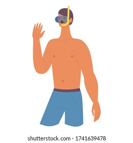 Joven con máscara de buceo aislado en blanco. Personaje de vacaciones de concepto vectorial con gesto de saludo de 5 grados.