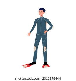 Young man scuba diving wearing special clothing and flippers for extreme sport hobby. Exploring ocean, flat cartoon vector illustration isolated white background