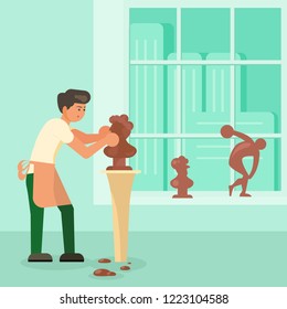 Young man sculptor modelling human bust sculpture from clay. Vector illustration in flat style. Craft hobby concept design element.