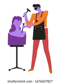 Young man sculptor working on his sculpture isolated character vector. Craft hobby and profession, man in apron with chisel and female head. Male character making statuette, carver profession, hobby