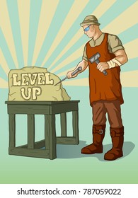 Young man sculptor working on his sculpture level up. Craft hobby and profession colorful character vector Illustration