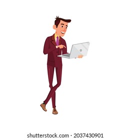young man searching information on laptop cartoon vector. young man searching information on laptop character. isolated flat cartoon illustration
