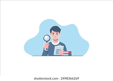Young man searching with magnifying glass, Curious character looking through loupe lens. Find information, research concept. Flat graphic vector illustration isolated on white background