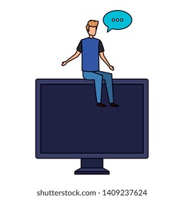 young man seated in computer with speech bubble