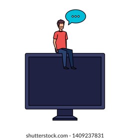 young man seated in computer with speech bubble