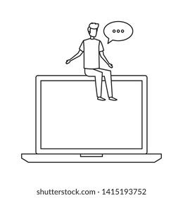 young man seated in laptop with speech bubble