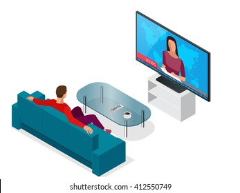 Young Man Seated On The Couch Watching Tv. Flat 3d Vector Isometric Illustration