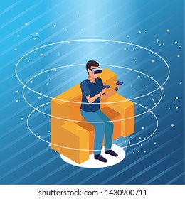 Young man seated on sofa and using virtual reality glasses technology inside hologram cone vector illustration