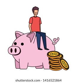 young man seated in piggy savings with coins money