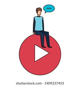 young man seated in play button with speech bubble